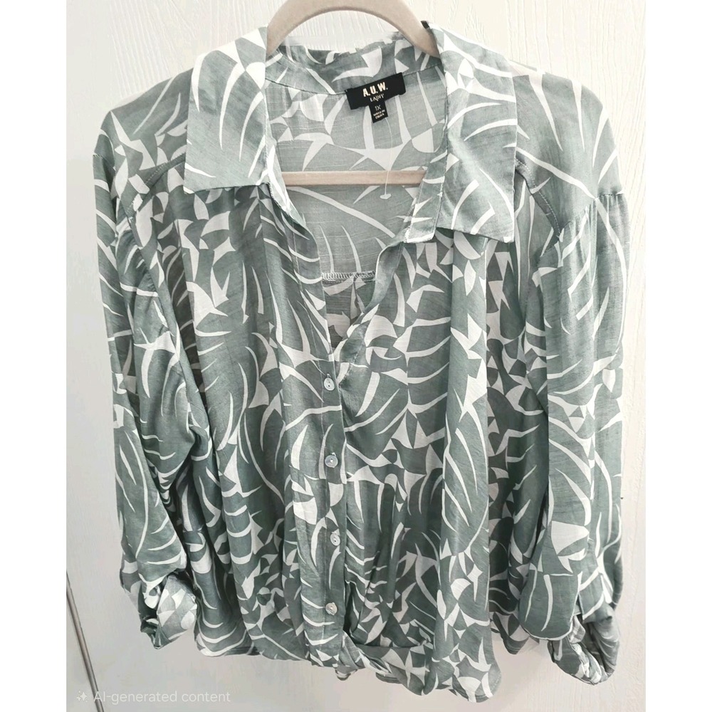 A.U.W. LA/NY Women's green White Palm Blouse button up roll sleeves 1X NWT